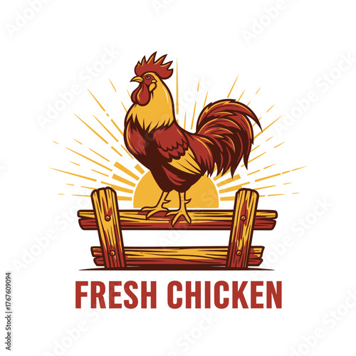 A stylized illustration depicting a rooster standing on a wooden fence, with sun rays behind