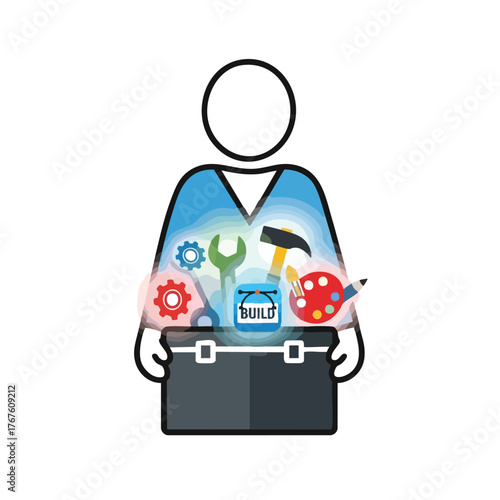 of a person with tools and creative elements inside their torso.