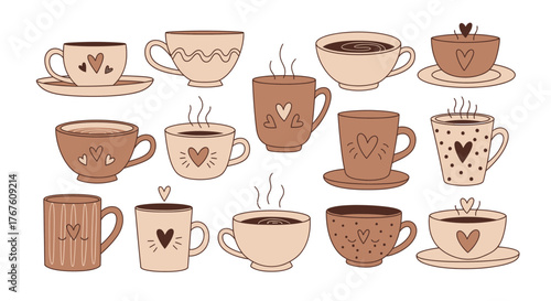 Charming collection of coffee and tea cups adorned with hearts ideal for backgrounds and