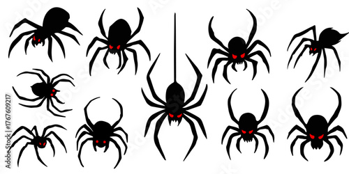 Set Of Spooky Halloween Spiders Silhouettes - Creepy Halloween Spiders Vector