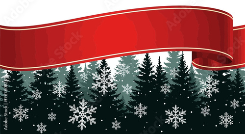 Christmas winter landscape with fir trees snowflakes and red ribbon for messages