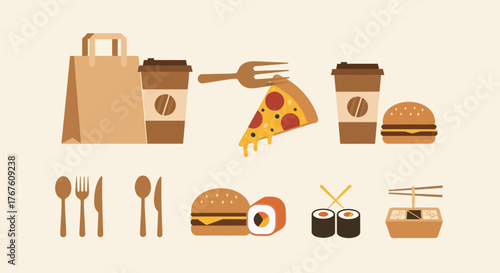 Collection of assorted food items showcasing fast food, pizza, sushi, coffee and other delicacies