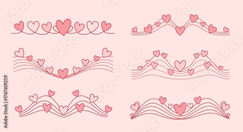 Collection of hand-drawn decorative borders featuring pink hearts on a soft pink background