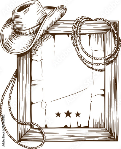 Western frame illustration with cowboy hat lasso rope and stars, hand-drawn black and white sketch on parchment texture, clean detailed monochrome vector engraving isolated on white background