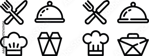 A set of eight simple black line art icons representing food and dining including crossed fork and knife covered dish chef hat and takeout box arranged in two rows on a white background