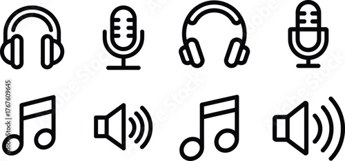 Collection of simple black line art icons representing audio and music elements including headphones microphones musical notes and sound speakers on a white background