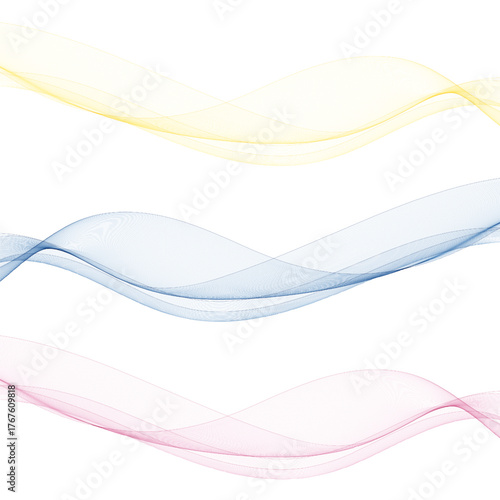 Three elegant transparent waves of yellow, blue, and pink colors on a white background. Eps 10