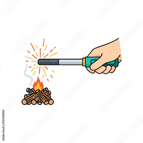 Hand holding a lighter to ignite a pile of wood.