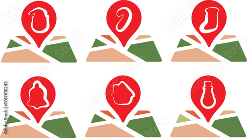 set of various colored markers for a card with New Year's attributes, namely with a Santa's head, a sock, candy and a snowman, for thematic holiday designs