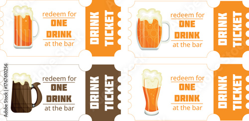 set of free beer coupons with various glasses of different shapes with light beer, for purchases, promotions or for promotional materials for the bar