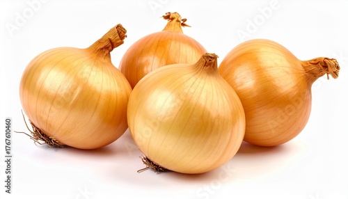 Wallpaper Mural Four whole yellow onions on white surface, showcasing fresh produce with smooth golden-brown skins. Torontodigital.ca