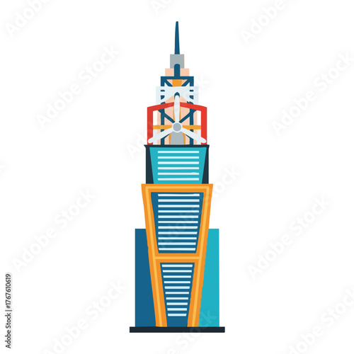 A modern skyscraper with a turbine on top, rendered in a flat design.