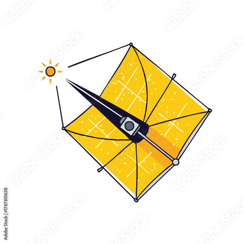 Stylized of a spacecraft resembling a kite flying tods the sun.
