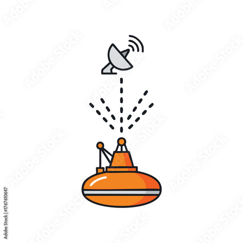 A satellite dish transmitting signals to a device below.