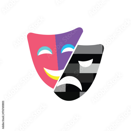 Theater masks depicting comedy and tragedy in a style.