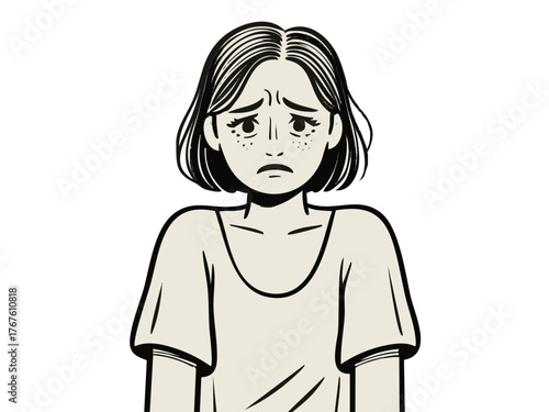 Simple illustration of a distressed woman. Line art. Illness. Weather-related illness. Stress. Harassment. Mental illness