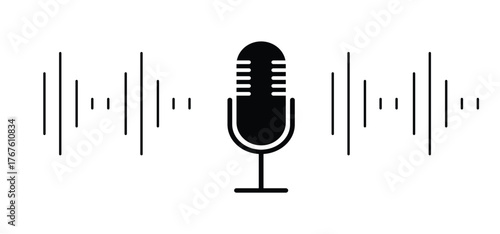 Flat vector microphone icon with sound wave bars for recording or podcasting