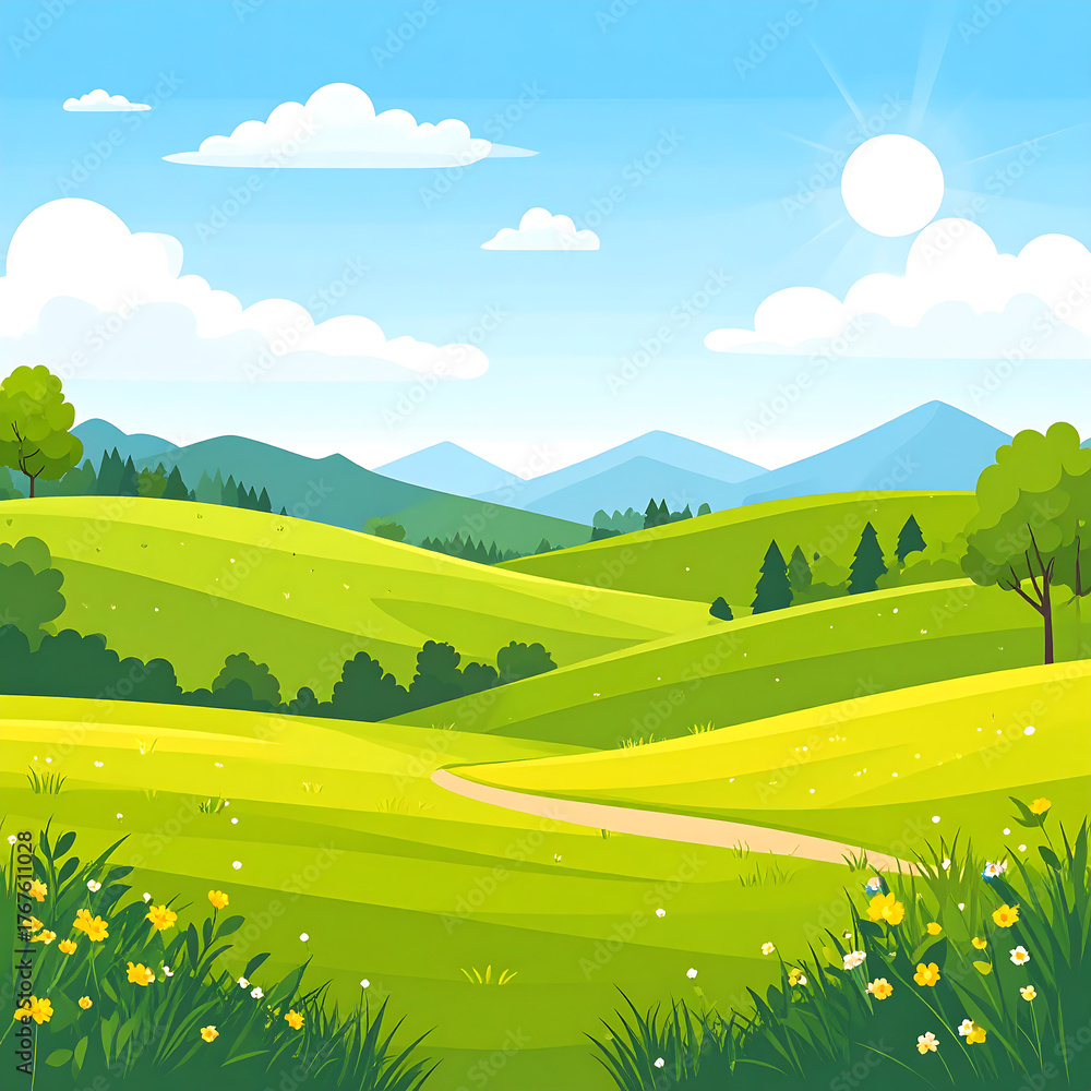 Fototapeta premium Scenic illustration of a sunny day with green hills and blue sky