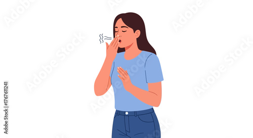 Illustration of a woman coughing while covering her mouth with her hand