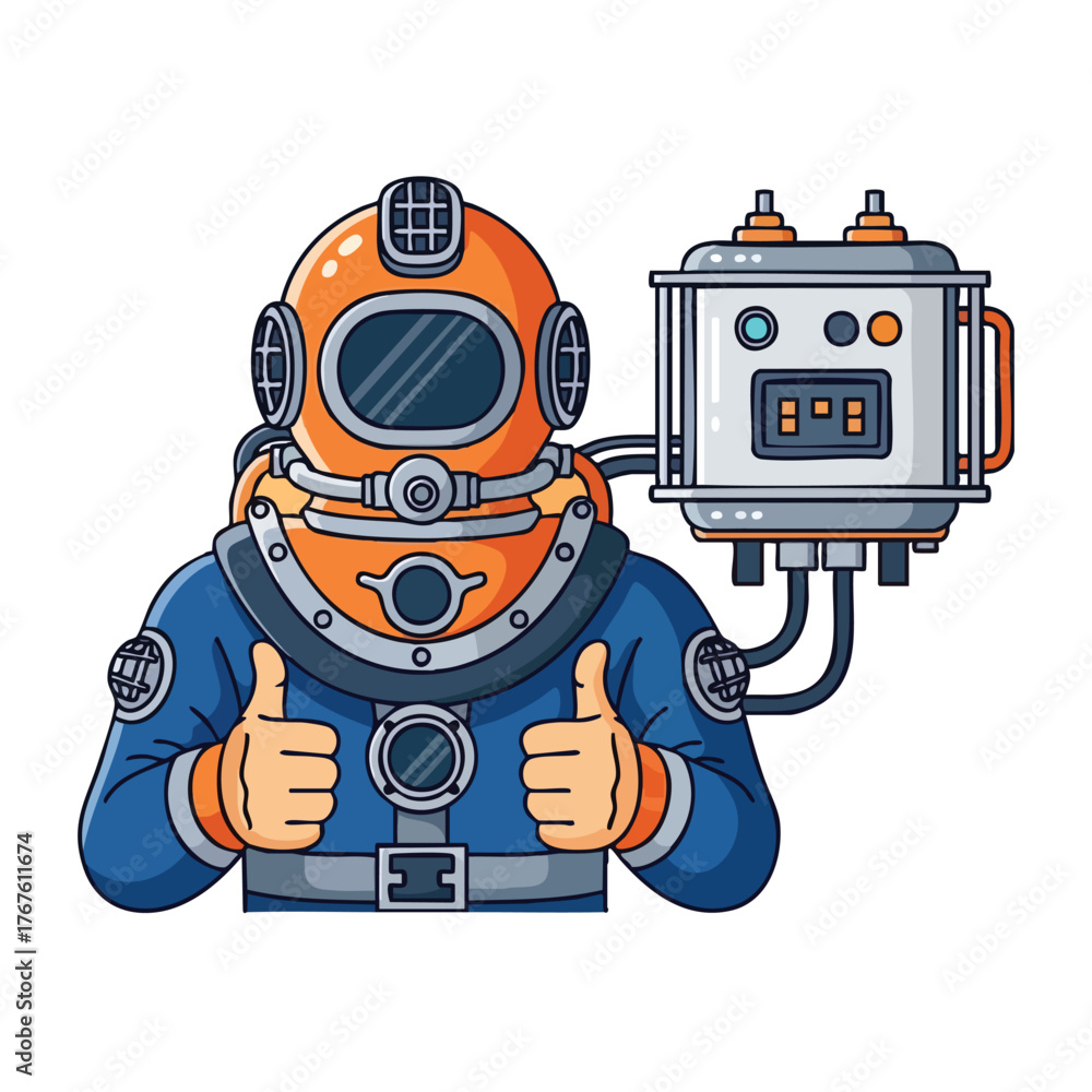 Fototapeta premium A cartoon diver in a classic suit gives a thumbs up next to equipment.