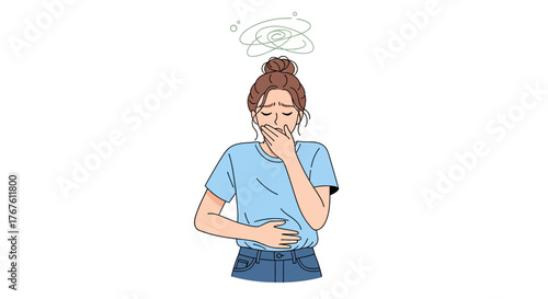 Nauseous Woman with Dizziness Suffering from Illness with Dizzy Swirls