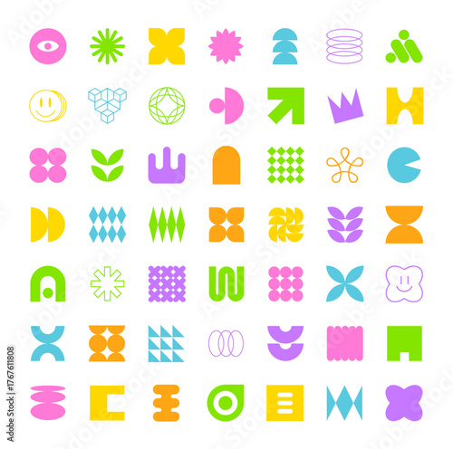 Brutalist abstract geometric shapes and grids. Brutal contemporary figure star oval spiral flower and other primitive elements. Swiss design aesthetic. Bauhaus Memphis design.