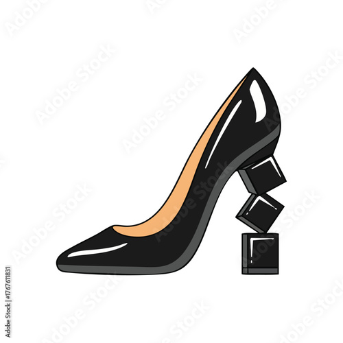 A black high-heeled shoe with a unique cube-shaped heel.