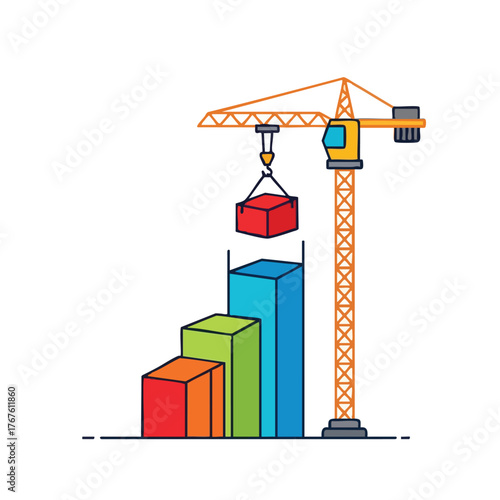 Crane building a colorful bar graph, symbolizing growth.