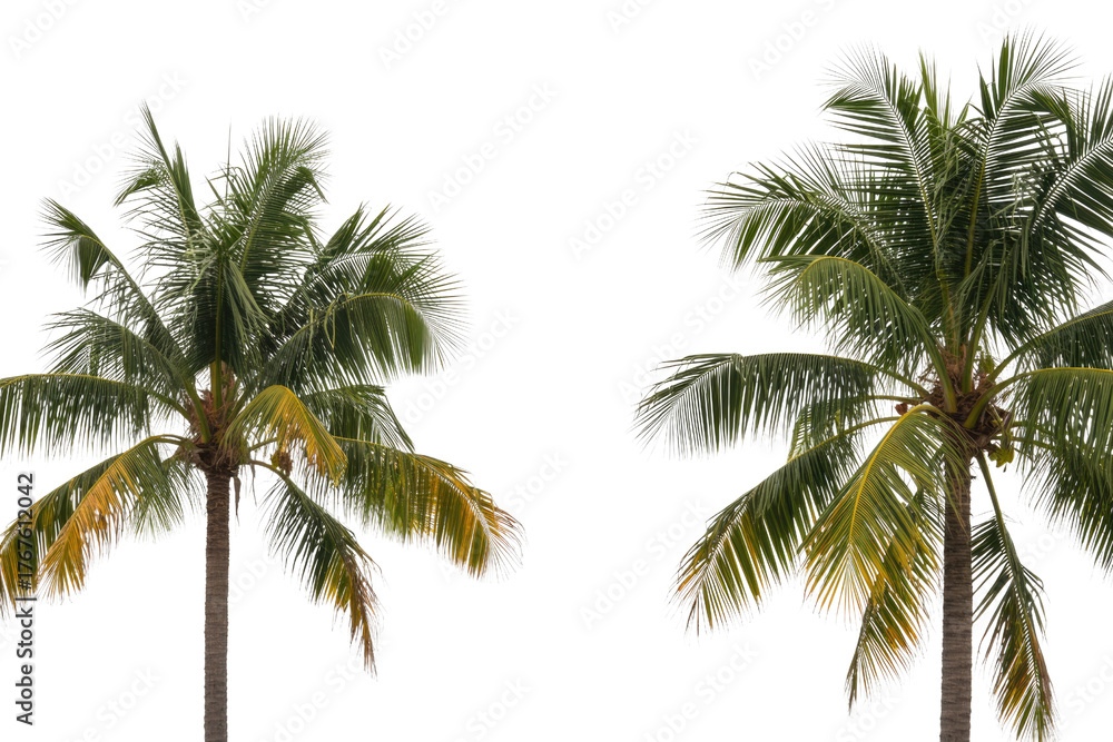 Fototapeta premium Two isolated vibrant palm trees with green and yellow fronds standing against a solid transparent background, perfect for tropical designs. background removed