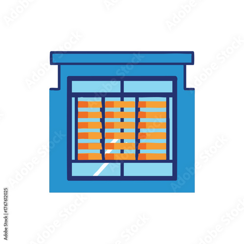 A stylized of a blue building facade with orange blinds.