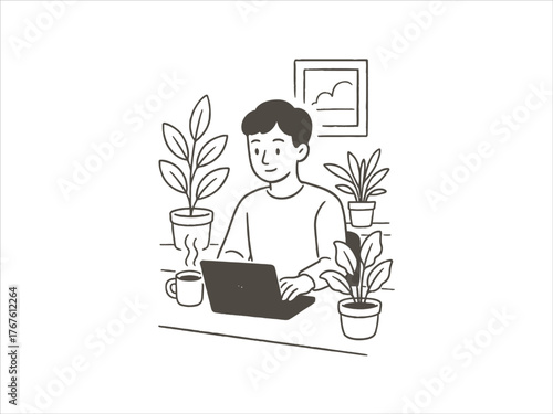Remote Work Illustration  person working from home with computer, coffee cup, and house plants in soft pastel tones