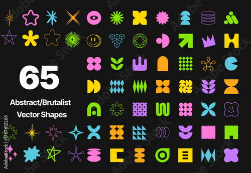 Brutalist abstract geometric shapes and grids. Brutal contemporary figure star oval spiral flower and other primitive elements. Swiss design aesthetic. Bauhaus Memphis design.