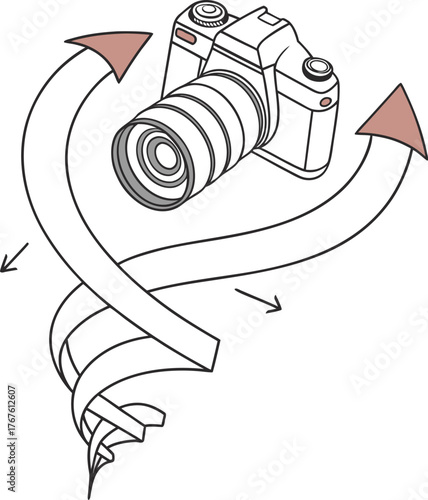 Line art illustration of a modern digital camera with a ribbon-like continuous flow or spiral arrow, symbolizing photography process, creative workflow, or a visual journey.