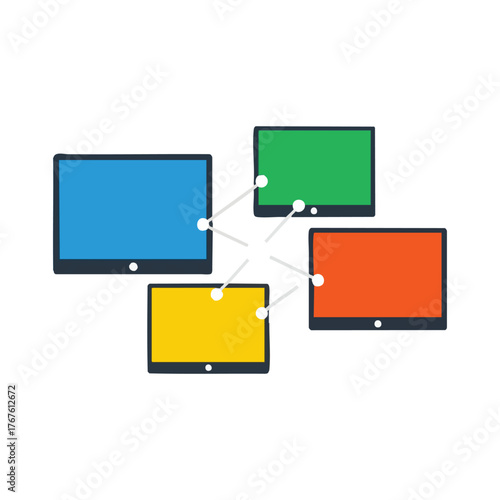 Four colorful screens connected by lines, representing digital connection.