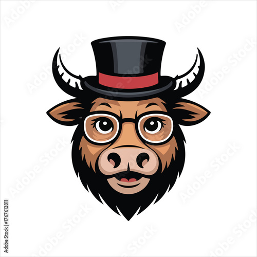 ox mascot with top hat and glasses vector file on white background