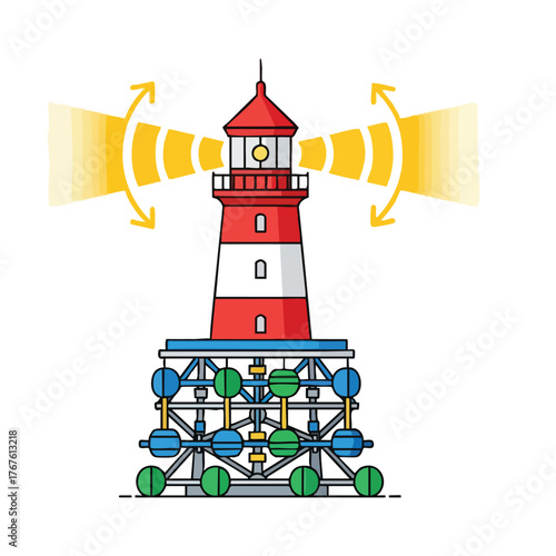 of a red and white lighthouse emitting beams of light.
