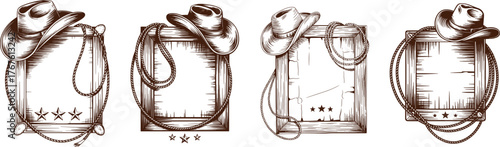 Western frame with cowboy hat and lasso rope, hand-drawn black and white sketch on parchment paper with stars, detailed monochrome vector engraving isolated on white background