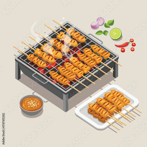 Delicious Chicken Satay Skewers Grilling on Barbecue with Peanut Sauce.