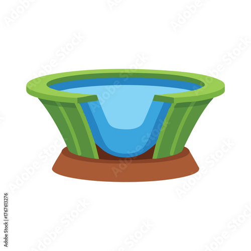 A green bird bath with a blue water basin on a brown base.