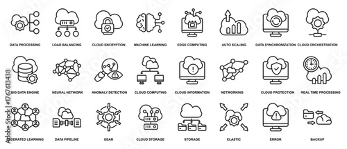 Cloud algorithm collection icon set. Data processing,Load balancing,Cloud encryption,Machine learning,Edge computing,Auto scaling,Data synchronization,Cloud orchestration. Simple line vector.