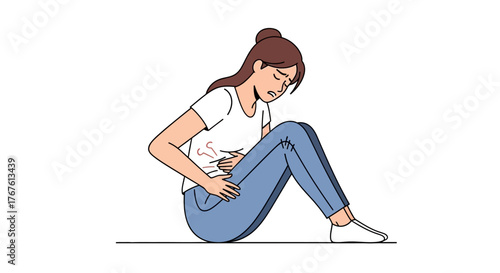 A young woman suffering from a severe stomach ache, clutching her abdomen due to menstrual cramps or digestive problems