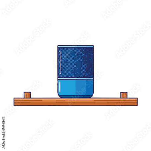 A smart speaker on a wooden shelf.