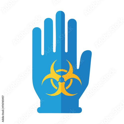 Blue glove with biohazard symbol, indicating danger or caution.