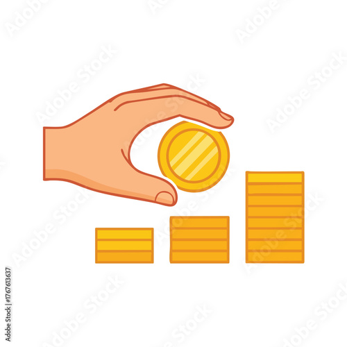 A hand places a gold coin on a stack of coins.