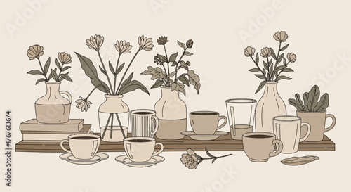 Elegant and cozy still life featuring flowers in vases and cups of coffee on shelf art