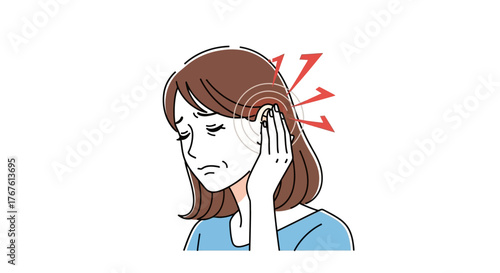 A medical illustration of a woman suffering from tinnitus, experiencing ear pain and ringing sounds