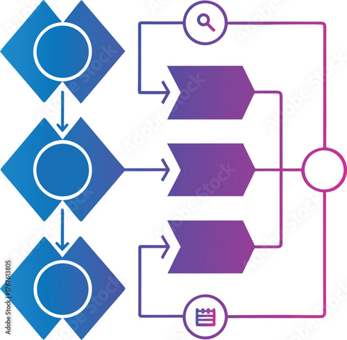 Vertical business process diagram with three sequential steps leading to parallel chevron arrows, a gradient vector infographic template for workflow analysis or task management presentation.