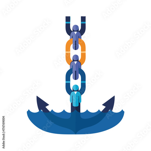 Symbolic of a chain with people linking an anchor in the water.