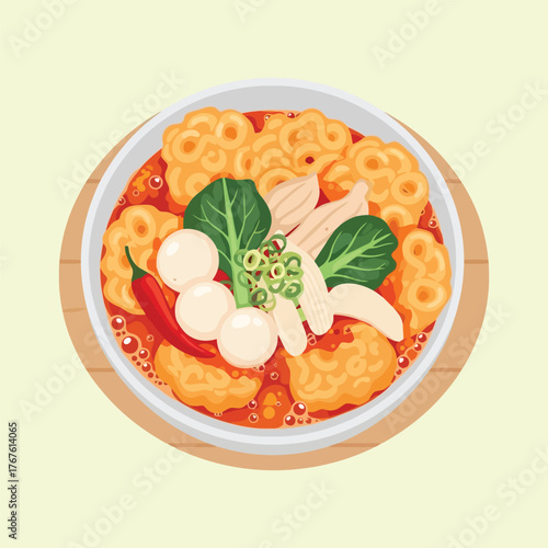 Delicious Indonesian Food Seblak with Crackers and Vegetables Illustration.