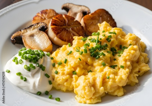 Delicious Scrambled Eggs with Mushrooms, Sour Cream, Chives, Breakfast, Brunch, Food Photography.